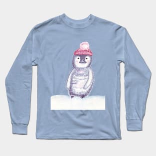 Cute little penguin in a red pompom hat Long Sleeve T-Shirt